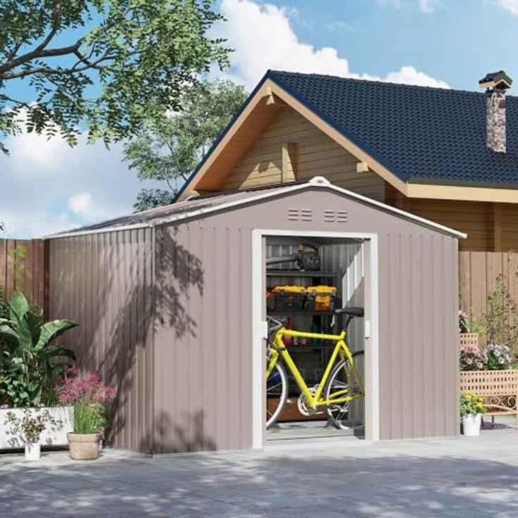Outsunny Verzinkter Stahl Gerätehaus 4,9m² 277x195x192cm Geräteschuppen mit Satteldach, Fundament, Abschließbarer Schiebetür, wetterfest Hellgrau – Bild 2