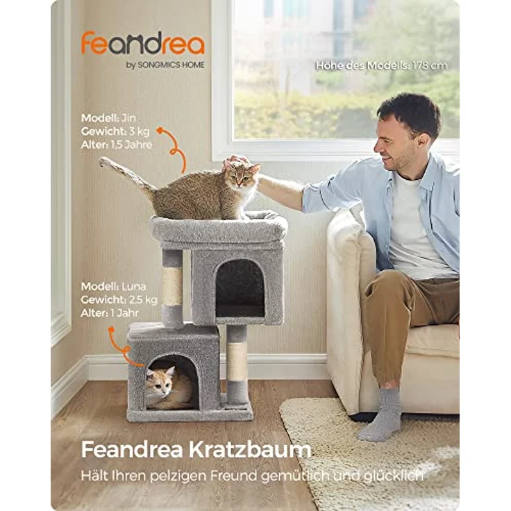 Feandrea Kratzbaum klein, 67 cm Katzenbaum, Katzenhaus für Kätzchen bis zu 3 kg, große Plattform, Sisalstämme, hellgrau PCT611W01 – Bild 2