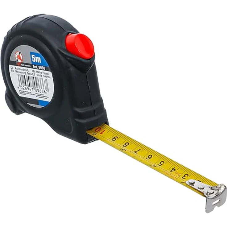 BGS TECHNIC Rollbandmaß 19 mm x 5 m mit automatischem Rücklauf, Stopper und Gürtelclip, metrische und Zoll-Skalierung – Bild 1