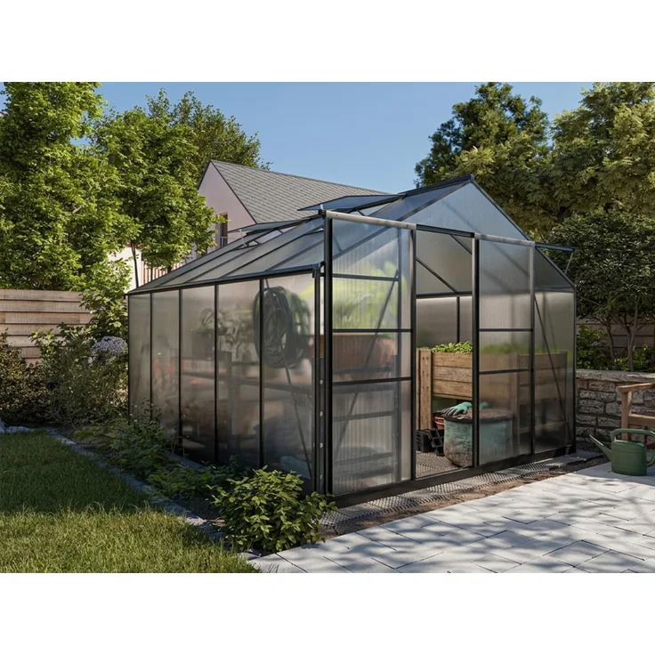 Outgarden Gewächshaus Freistehend 7,5 m², Schwarz mit Hohlkammerplatten, Aluminium Profil, Stahlfundament, Doppelschiebetür und Dachfenster