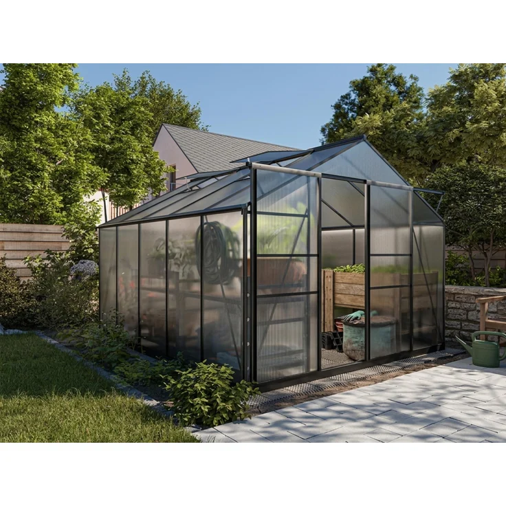 Outgarden Gewächshaus Freistehend 7,5 m², Schwarz mit Hohlkammerplatten, Aluminium Profil, Stahlfundament, Doppelschiebetür und Dachfenster