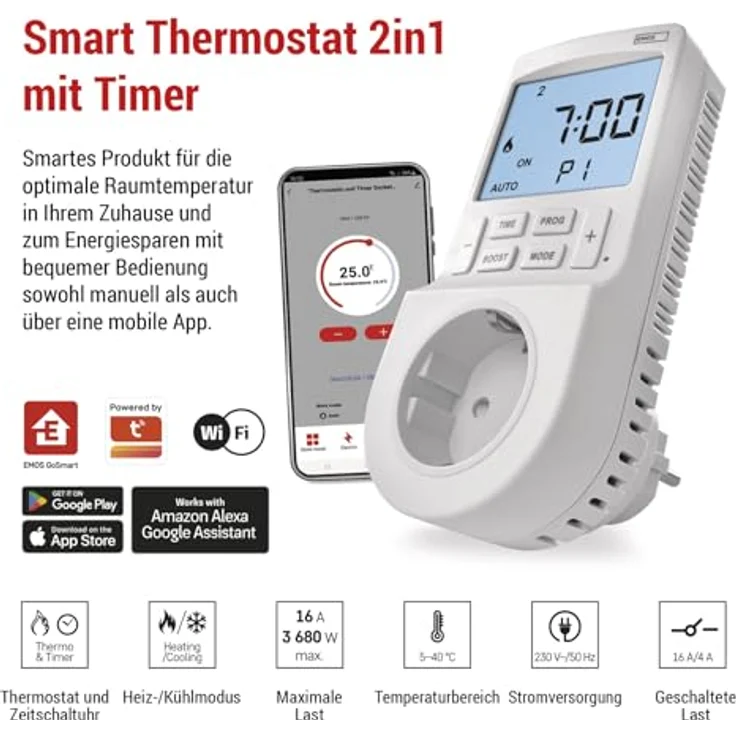 EMOS GoSmart 2in1 Steckdosenthermostat und Zeitschaltuhr mit App, digitaler Raumtemperaturregler für Heizung und Kühlung, Typ F Schuko, erhöhten Berührungsschutz, Sprachsteuerung mit Alexa und Google Assistant – Bild 2