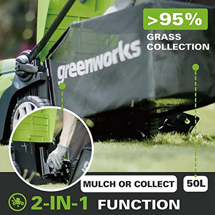 Greenworks Tools G40LM41K2X Rasenmäher 2in1 Mulchen & Mähen, Li-Ion 40V,mit 2 Akku 2 Ah & Ladegerät, 40 V, grün, 50l Fangkorb – Bild 6