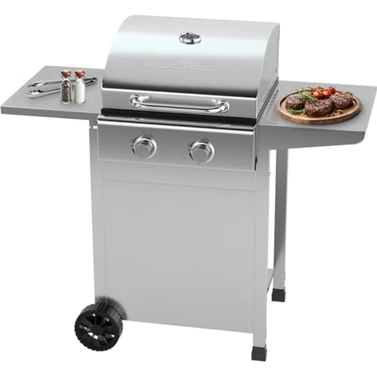 ProfiCook® Gasgrill PC GG 1309, für Temperaturen bis zu 350°C, 2 Brenner, gusseiserne Grillroste, silber, inkl. Gasdruckminderer und Schlauch, klein, 2 Ablagen