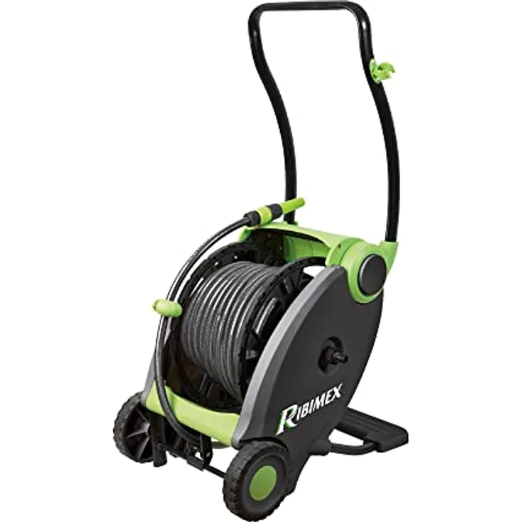 RIBIMEX PRDP51 Automatische Schlauchtrommel 50 m, lackierter Stahlrahmen, inklusive 40 m PVC-Schlauch mit Schnellkupplung und Spritzdüse