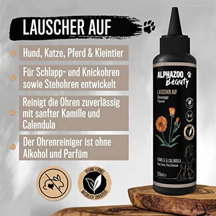 alphazoo Ohrenreiniger Hund, Katze & Pferd 200 ml I Kamille Calendula I Milder Ohrenschmalz Entferner I Ohr Reiniger zur Ohrenpflege oder Ohrenspülung – Bild 2