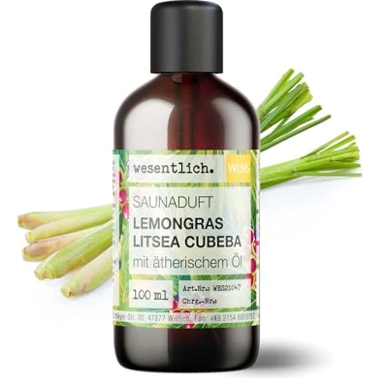 wesentlich. Saunaaufguss Lemongras-Litsea Cubeba, 100ml Braunglasflasche mit 100% naturreinen ätherischen Ölen für intensiven Saunaduft – Bild 1