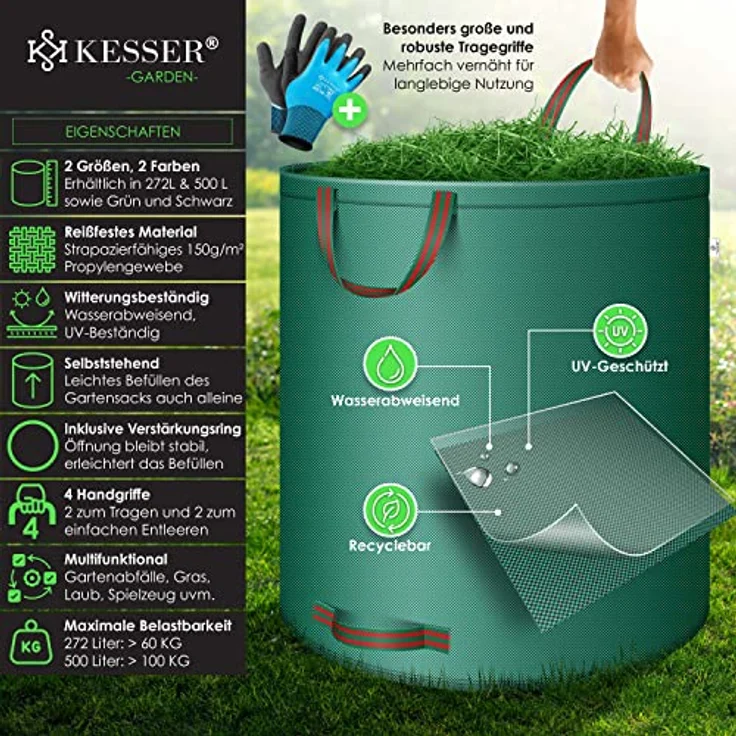 KESSER® Gartensack 3x 272L Set Laubsack Gartenabfallsack inkl. Handschuhe - Selbststehend 4 Griffe Stabil Robust & Faltbar - Rasenschnitt für Gartenabfälle Grünschnitt Grün – Bild 2