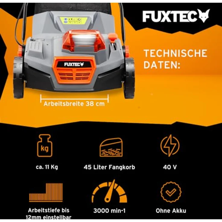 Fuxtec 40V Akku-Vertikutierer FX-E2VE38SET inkl. Akku+ Ladegerät, 38 cm Arbeitsbreite, einstellbare Arbeitstiefe bis 12 mm, 45L Fangkorb, kabellos – Bild 4