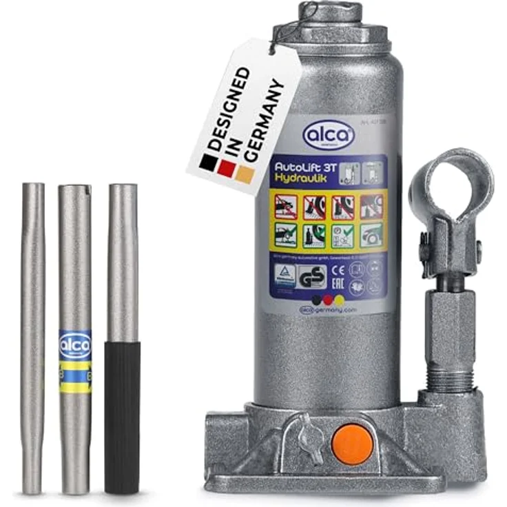 alca® Hydraulischer Wagenheber 3t, Stempelheber & Unterstellheber aus Stahl, Hubhöhe 195-380 mm, große Fußplatte für sicheren Stand, geriffelter Stempelteller – Bild 1