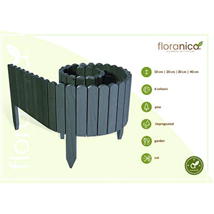 Floranica Rollborder Flexibler Holzzaun 203cm Höhe: 10cm Anthrazit Imprägniert Kiefernholz Beeteinfassung Rasenkante Palisade Umzäunung für Obstgärten Beete Wege – Bild 2