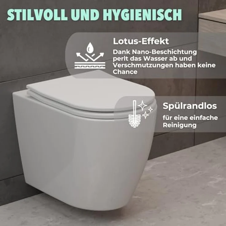 HAGO24 Hänge WC spülrandlos in Weiß I Hochwertige Keramik Toilette mit Nano Lotus Effekt I Absenkautomatik I Wassersparendes Wand WC – Bild 2