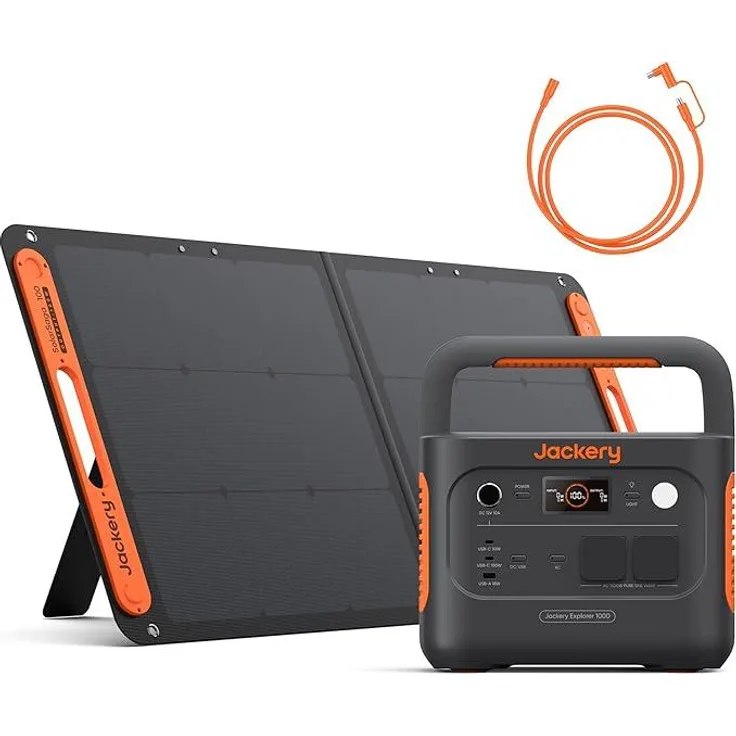 Jackery E1000 v2 Tragbare Powerstation mit 1070Wh LiFePO4 Akku, 100W Solarpanel, 5M DC Verlängerungskabel und 1 Std. Schnellladung