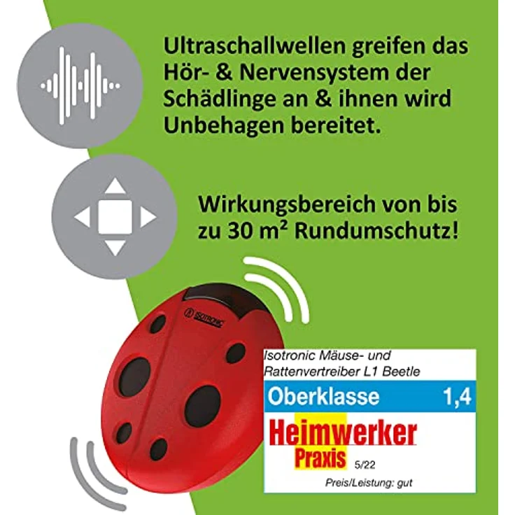 ISOTRONIC Mäusevertreiber mit Ultraschall gegen Mäuse & Ratten – batteriebetriebener Mäuseschreck für Garten, Haus, Keller, Dachböden, Garagen UVM. – tierschonend & sicher – 30 m² Wirkungsbereich – Bild 4