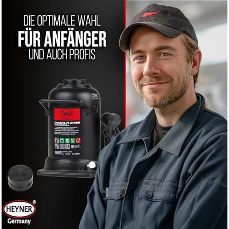 HEYNER® DoubleLift 10t PRO, hydraulischer Wagenheber mit Gummiauflage, 2-stufiger Unterstellheber für SUV Transporter, Hubhöhe 210–442 mm, inkl. alca® Anti-Rutsch Schutzpad – Bild 8