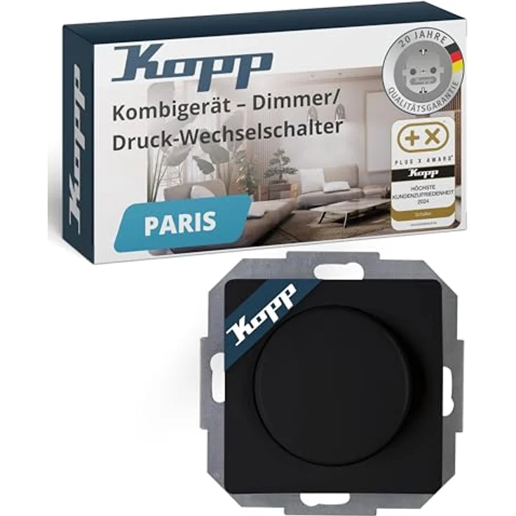 Kopp Abdeckrahmen 843450088, Schalter-Zubehör, schwarz, mit Dreh-/Druckknopf und Dimmung Phasenabschnitt/Phasenanschnitt – Bild 1
