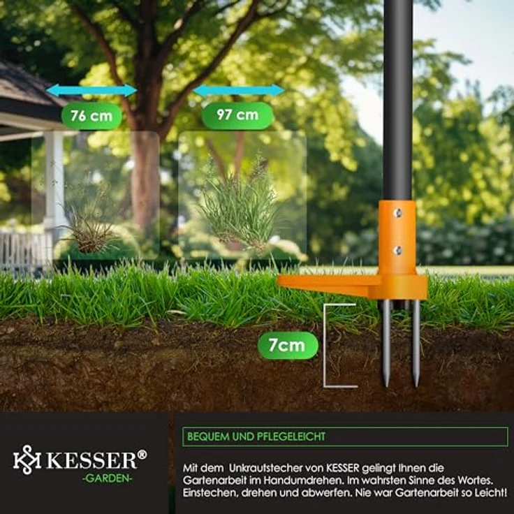 KESSER® Unkrautstecher mit Stiel, ergonomischer Unkrautentferner mit T-Griff & Fußpedal, 3 Stahlzähne & Sprungfeder, inklusive Handschuhe & Schutzkappe – Bild 4