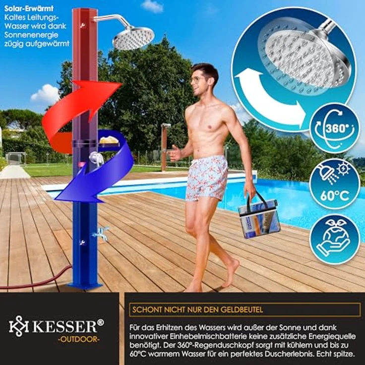 KESSER Solardusche 40- 60 Liter Solar Gartendusche warmes Wasser max. 60°C Inkl. Schutzhaube ohne Stromanschluss Pooldusche CampingRegenduschkopf und Wasserhahn Gartenschlauch-Anschluss Schwarz, 40 Liter - Preisvergleich – Bild 4