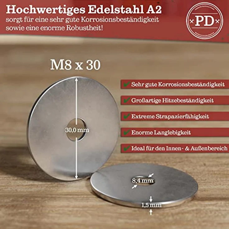 PD® große Karosseriescheiben M8x30 - Edelstahl A2 V2A Unterlegscheiben, rostfrei, extra großer Außendurchmesser, 50 Stück – Bild 3