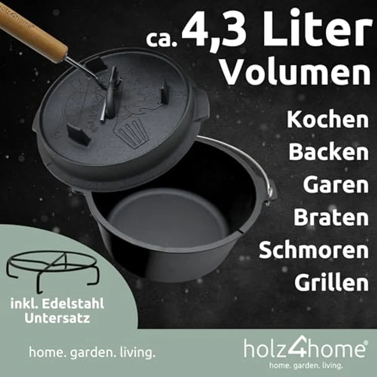 holz4home 9-teiliges Dutch Oven Set I 4,3L Feuertopf Gusseisen in Holzkiste I Pfanne Grillplatte Kochtopf Deckelheber Reinigungsbürste, Robustes Gusseisen, Vielseitige Anwendung, Hervorragende Wärmespeicherung, Pflegeleicht, Praktisches Zubehör – Bild 5