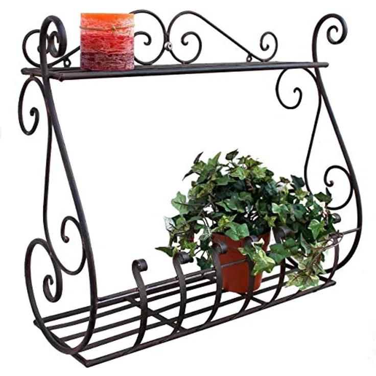 DanDiBo Wandblumenhalter Metall Schwarz 50 cm Wandregal Sebino Blumenständer Blumenregal Wandtopfhalter mit zwei Ablageflächen