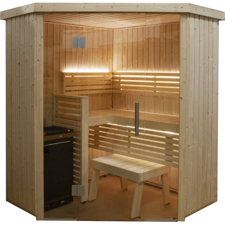 HARVIA Sauna Harvia Variant View Corner Sauna aus Fichte 163 x 163 cm mit Glasfront und L-Form Bänken, ca. 6 kW Heizleistung