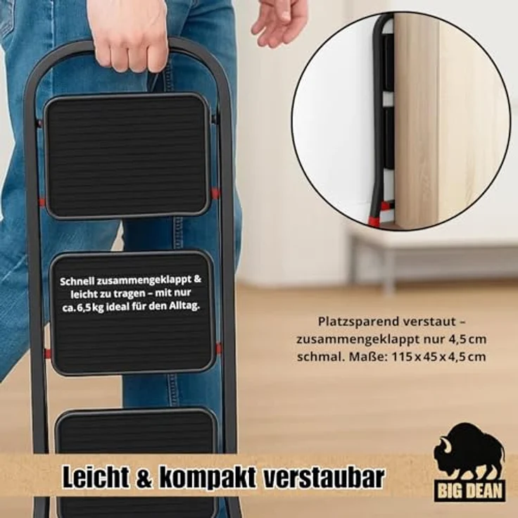 BigDean Trittleiter 3 Stufen klappbar, TÜV geprüfte Sicherheit, bis 150 kg belastbar, rutschfester Stand, schwarz – Bild 7