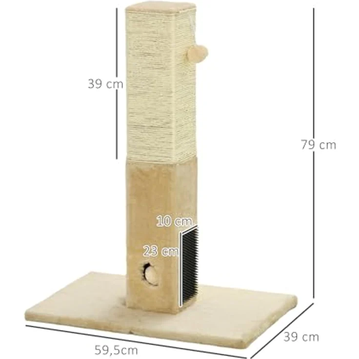 PawHut Kratzstamm, 79cm Kratzsäule mit Fellbürsten, Jute-Katzenkratzbaum mit Spielball, Beige – Bild 5