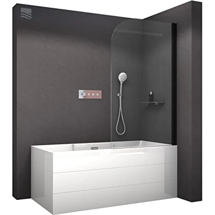 NEXTREND Schwenkbarer Badewannenaufsatz NT201, Duschabtrennung aus 6 mm Nano Echtglas, Größe: 80x140cm, Profilfarbe: Schwarz matt