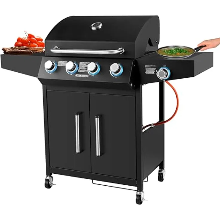 Steinborg Gasgrill "Chef de Cuisine" 4 Brenner mit Seitenbrenner, beleuchtete Drehknöpfe, emailliertes Grillrost, Gasbetrieb, Propangasgrill