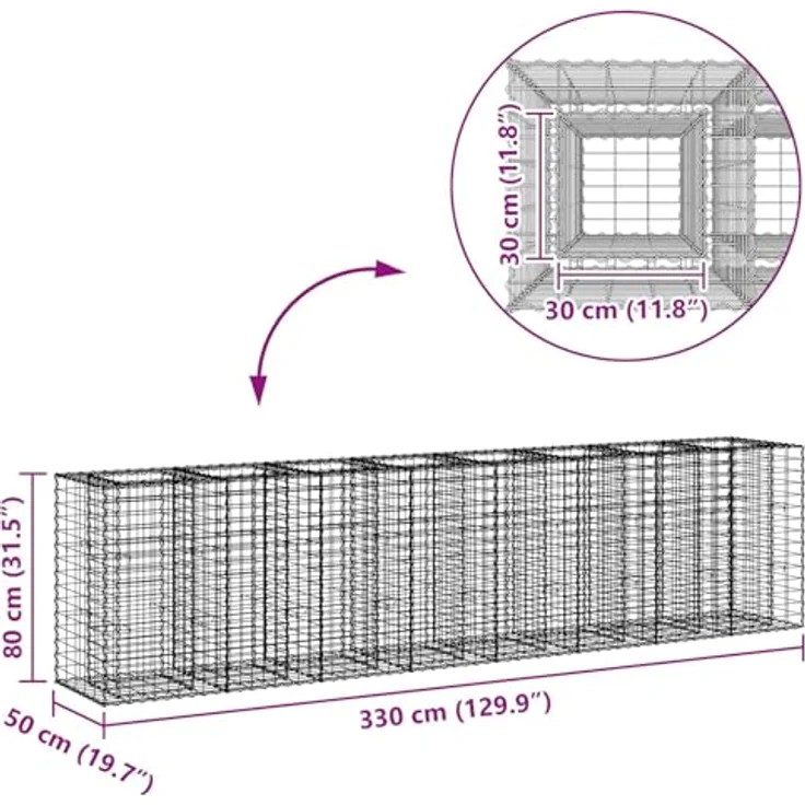 vidaXL Gabionen Hochbeet, 2er Set, Silber, 330 x 50 x 80 cm, Rechteckig, Wetterfest, Sichtschutzpaneele für Garten und Terrasse – Bild 3