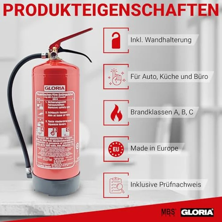 Gloria Dauerdruck Pulverfeuerlöscher PD6GA 6kg Brandklasse A, B, C mit Wandhalter Gloria – Bild 2