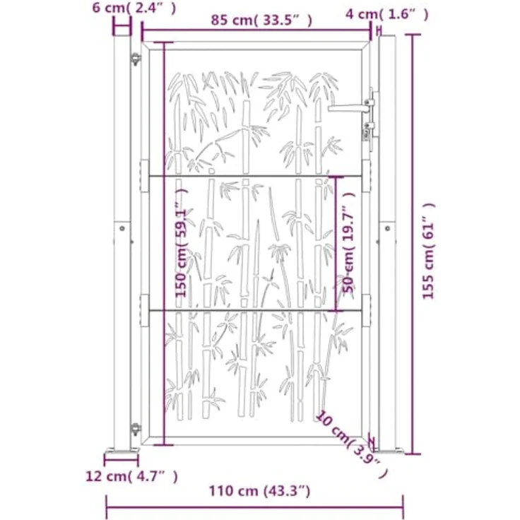 vidaXL Gartentor Anthrazit 105x155 cm Stahl Bambus-Design, abschließbar, einfache Montage – Bild 5