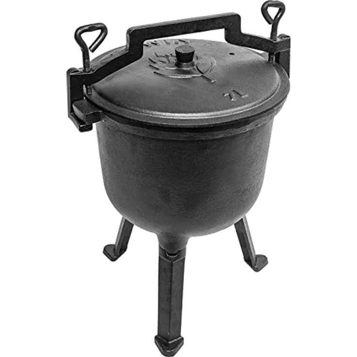 Browin 330501 Jagdkessel-7 L aus Gusseisen, Gusseisen Kochtopf mit Füßen, Bräter mit Deckelheber, Kochen, Braten und Backen, Töpfe aus Gusseisen, Feuertopf für Garten, Lagerfeuer, Camping,BBQ,Schwarz
