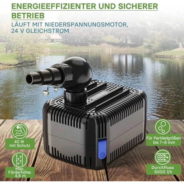 SunSun CDF-5800 Teichpumpe 24V DC / 5000 l/h / 40 W, Gleichstrompumpe mit Blockier- und Trockenlaufschutz, Teich- und Bachlaufpumpe, Korrosionsbeständige Keramikwelle, in blau – Bild 3