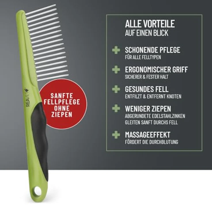 ReaVET Hundekamm & Katzenkamm für Mittel- Langhaar I Entfernt Knoten & Entwirrt das Fell I Fellkamm für die tägliche Fellpflege I Kamm für Hunde, Katzen mit abgerundeten Edelstahl-Zinken – Bild 2