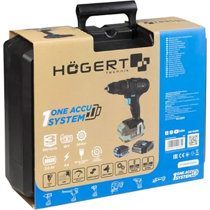 HÖGERT TECHNIK Akku-Bohrschrauber Set 18V, 50 Nm Drehmoment, 2,0 Ah Akku, 4A Ladegerät, Metallgetriebe, LED-Beleuchtung, Auto Lock Bohrfutter, für Holz und Metall – Bild 19