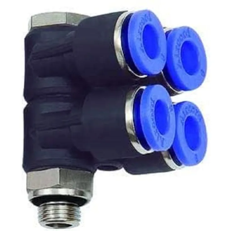 RIEGLER L-Mehrfachverteiler »Blaue Serie«, 4-fach, drehbar, G 1/4 a. für Schl.-Ø 6 mm, max. 15 bar, Kunststoff/MS