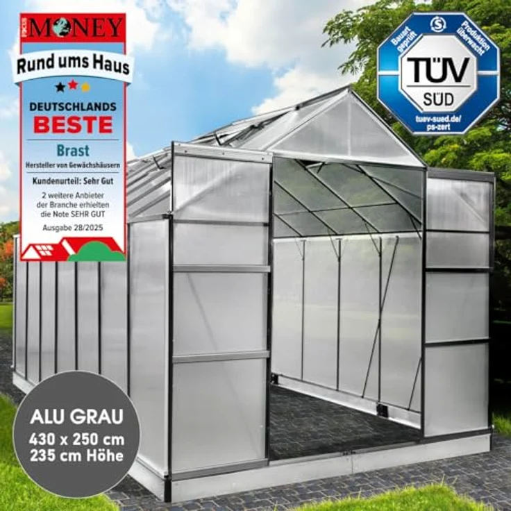 BRAST Gewächshaus Aluminium mit Fundament, 430x250x235cm, grau, TÜV geprüft, 6mm Hohlkammerplatten, rostfrei, wetterfest, temperaturbeständig – Bild 2