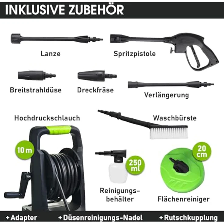 BRAST Hochdruckreiniger Elektro Power 2200W, 165 bar, 468 l/h Fördermenge, inkl. 11-tlg. Zubehörset, mobiler Flächenreiniger, 10m Hochdruckschlauch mit Schlauchtrommel – Bild 3