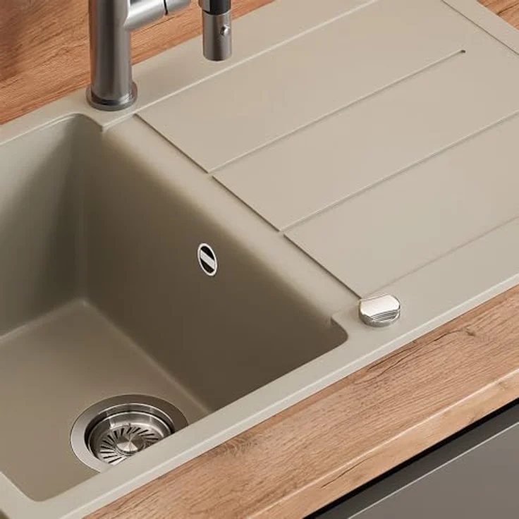 Bergström Spülbecken "Kapstadt", Beige, 78 x 50 cm, robuste Quarz- und Harzkonstruktion mit integriertem Abtropfflügel – Bild 4