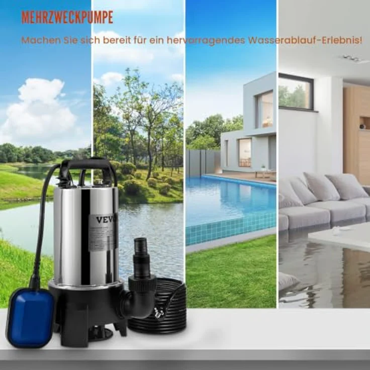 VEVOR Tauchpumpe 1100W Schmutzwasserpumpe mit 333,3L/min Durchfluss, IPX8 wasserdicht, automatischer Schwimmerschalter, zuschneidbarer Auslass – Bild 2