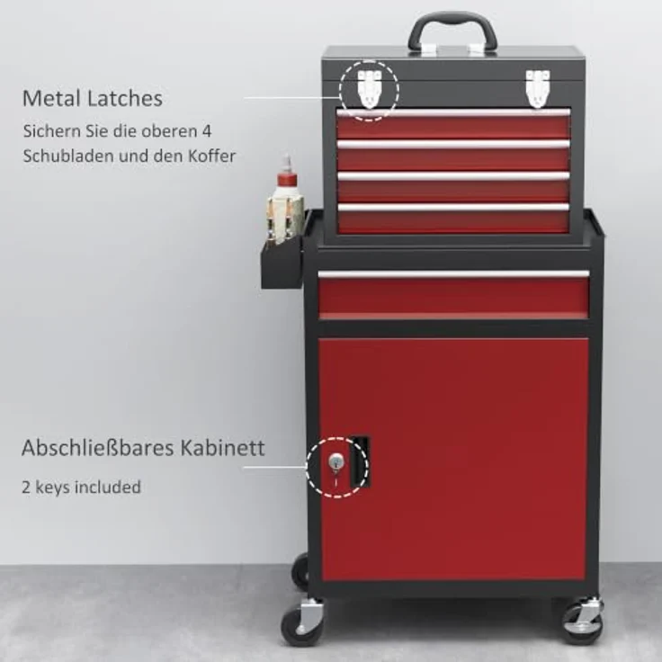 HOMCOM Werkstattwagen abschließbar, mit Rollen, Pulverbeschichtung, 130 kg Traglast, Schwarz/Rot, inkl. 1-tlg. Werkzeugset – Bild 6
