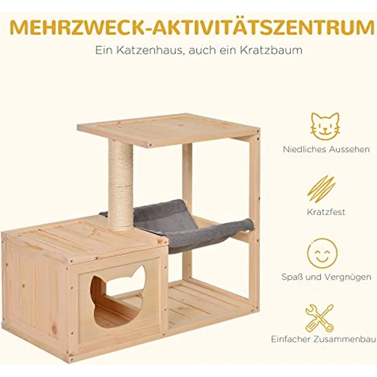 Pawhut Katzenhaus mit Hängematte, Katzenkiste mit Sisalstamm, Katzenhöhle, Katzenbaum, Katzenaktivitätszentrum, Tannenholz, Natur, 70 x 35 x 60 cm – Bild 4