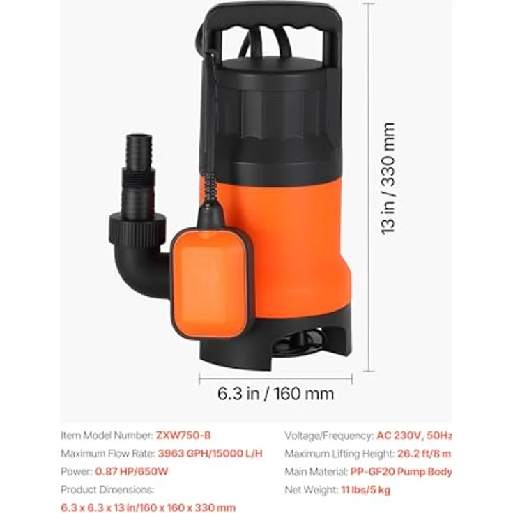 VEVOR 650W Tauchpumpe, 15000L/h, IPX8 Schmutzwasserpumpe mit automatischem Schwimmerschalter, 8m Förderhöhe für Pools und Teiche – Bild 7