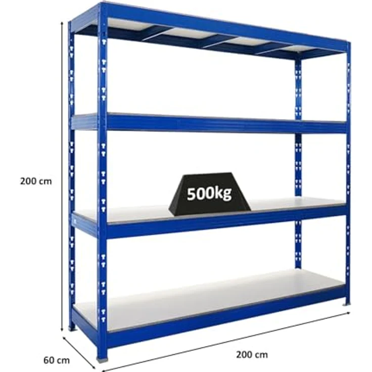 Proregal Schwerlastregal Profi RHINO, 200 x 200 x 60 cm, Traglast 500 kg pro Boden, 4 höhenverstellbare Böden, Schwarz – Bild 2