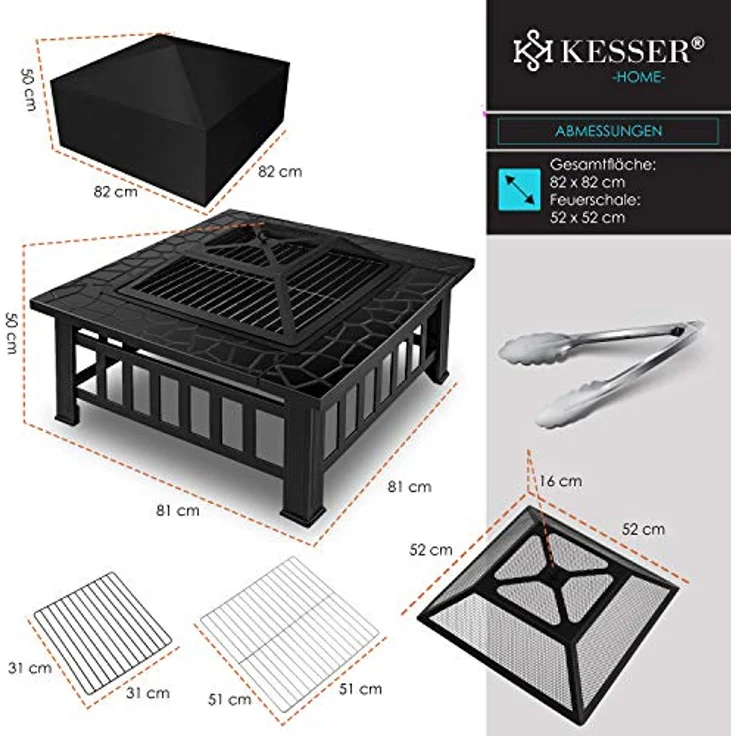 KESSER Feuerstelle mit Grillrost & Grillzange Feuerschale 82x82x50cm, 3in1 Multifunktional Fire Pit für Heizung-BBQ Grill, Garten Terrasse , Metall Feuerkorb mit Schutzhülle Schürhaken Funkenschutz Schwarz (Vierkant) - Preisvergleich – Bild 6