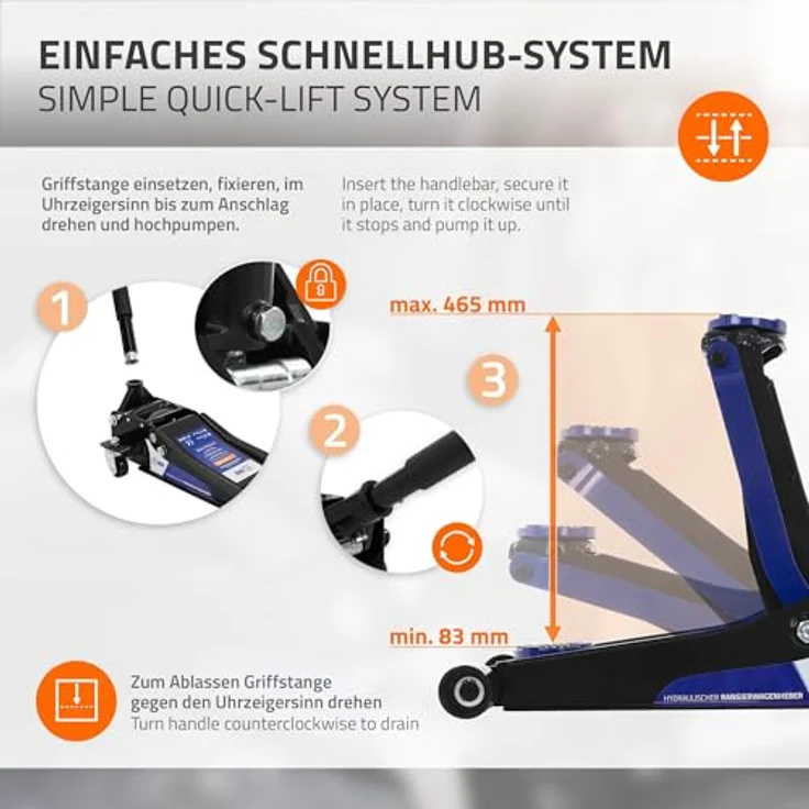 ECD Germany Hydraulischer Wagenheber 3T, extra flach mit Hubhöhe 83-465mm, 2 Gummiauflagen & 360° Rollen, KFZ Rangierwagenheber – Bild 5