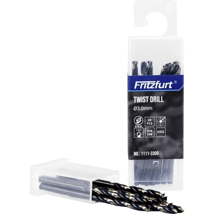 FRITZFURT 1111-3250 Metall-Spiralbohrer 10teilig, 2.5mm, korrosionsbeständig, DIN 338, Zylinderschaft, selbstzentrierende Spitze, 57mm Gesamtlänge