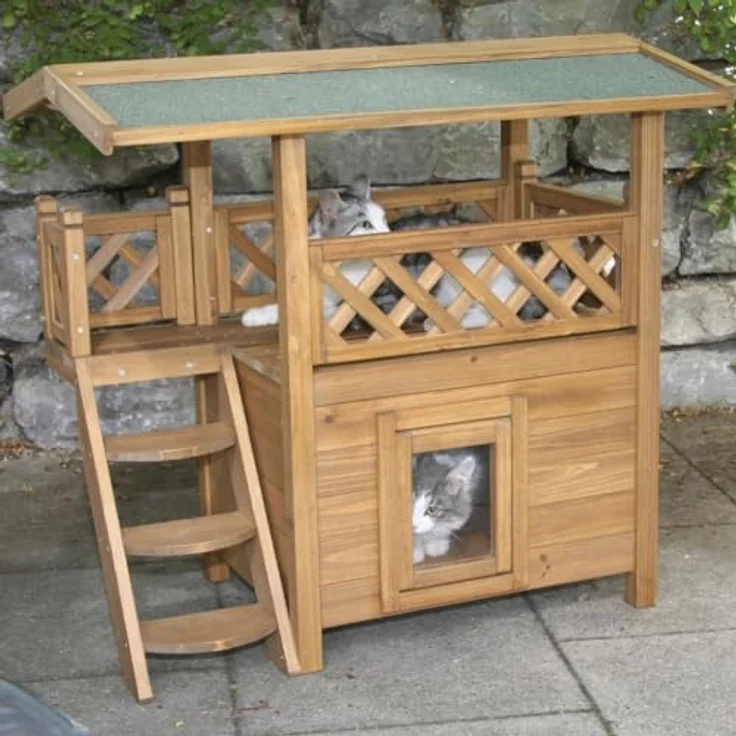 Kerbl Katzenhaus Lodge, 2-stöckig mit wetterfestem Bitumendach und Schwingtüre, 77 cm x 50 cm x 73 cm, lasierte Spießtanne – Bild 5